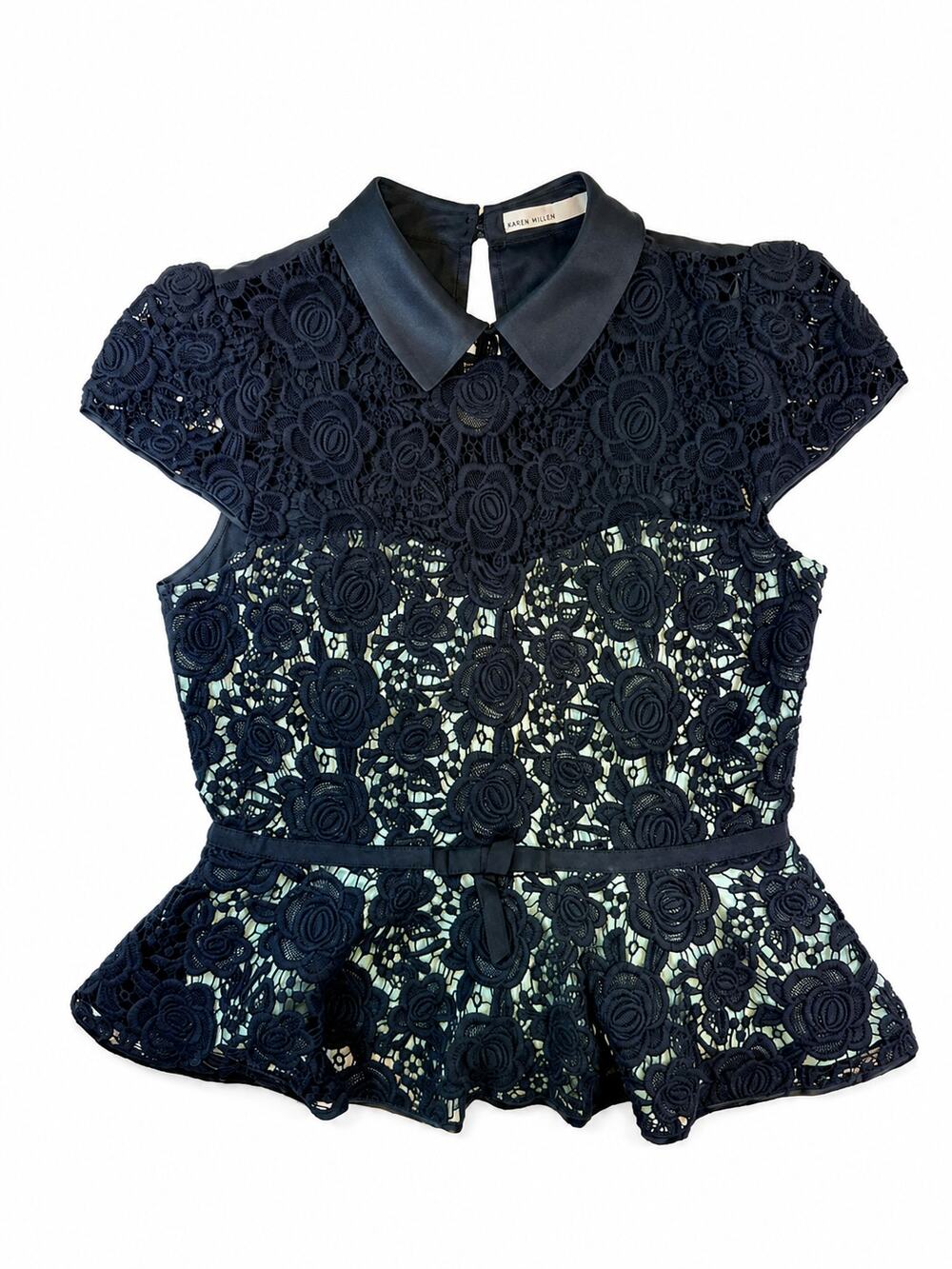 Karen Millen Womens 10 Black Floral Lace Peplum Top Contrast Collar Romantic